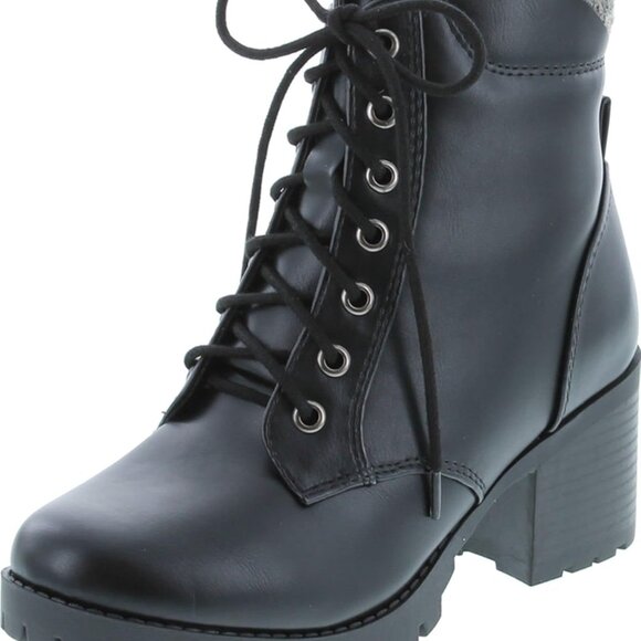 Chunky Heel Combat Ankle Boot Women Rubber Lug Sole Lace Zipper Black - Picture 2 of 8